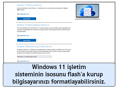 Windows 11 işletim sisteminin isosunu flash'a kurup bilgisayarınızı formatlayabilirsiniz