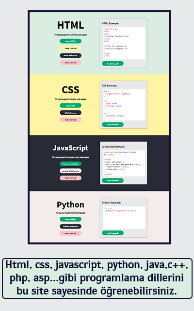 html, css, javascript, python, java, c++, php, asp... gibi programlama dillerini öğrenebilirsiniz