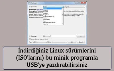 İndirdiğiniz linux sürümlerini (isolarını) bu minik programla usb'ye yazdırabilirsiniz