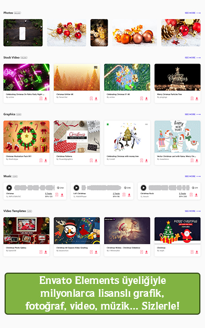 Envato Elements üyeliğiyle milyonlarca lisanslı grafik, fotoğraf, video, müzik... sizlerle