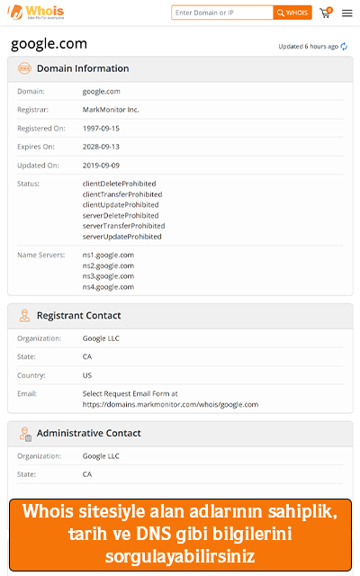 Whois sitesiyle alan adlarının sahiplik, tarih ve dns gibi bilgilerini sorgulayabilirsiniz