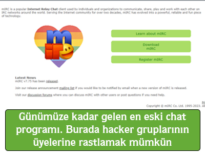 Günümüze kadar gelen bilinen en eski chat programı. Burada hacker gruplarının üyelerine rastlamak mümkün