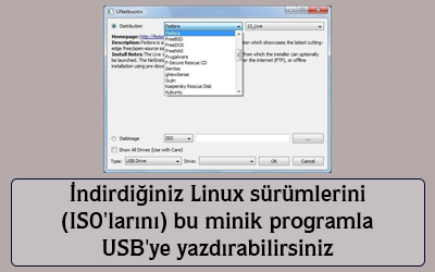 İndirdiğiniz linux sürümlerini (isolarını) bu minik programla usb'ye yazdırabilirsiniz
